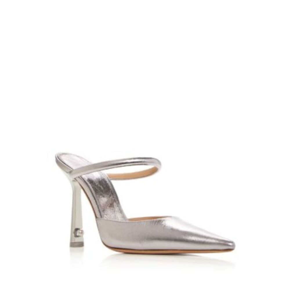 OFF WHITE Womens Silver Lollipop Slip On Leather Heeled Mules Shoes 37